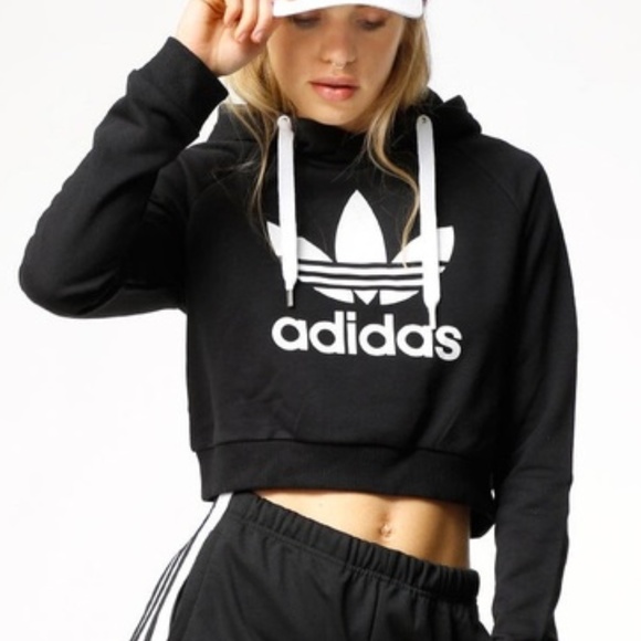 Adidas Trefoil Cropped Hoodie Sweatshirt Black Sm